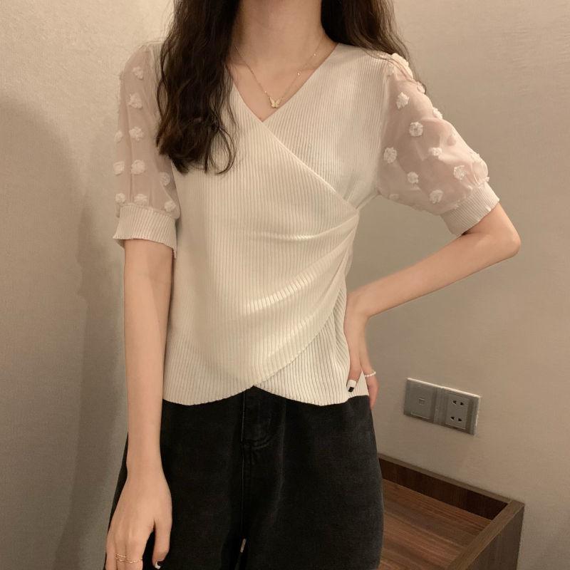 Product Introduction of Áo Thun Thiết Kế Voan Dáng Ôm, Knatwear, Cổ Chữ V, Ngắn, Dành Cho Nữ, Màu Đỏ Ngủ, Quần Áo Nữ 11