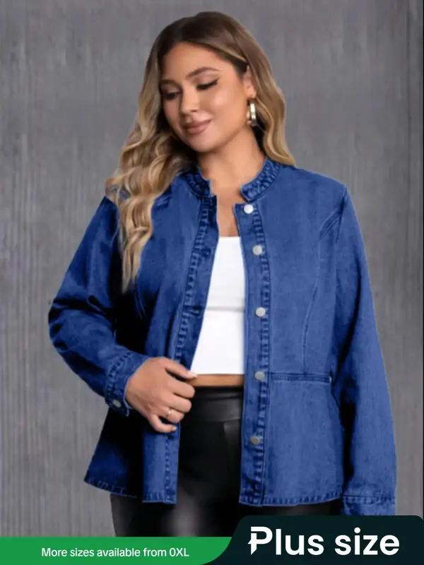 【Plus Size】 Denim Jacket, Casual Long Sleeve Button Front Outerwear for Daily Wear, Women's Plus Clothing for All Seasons 0