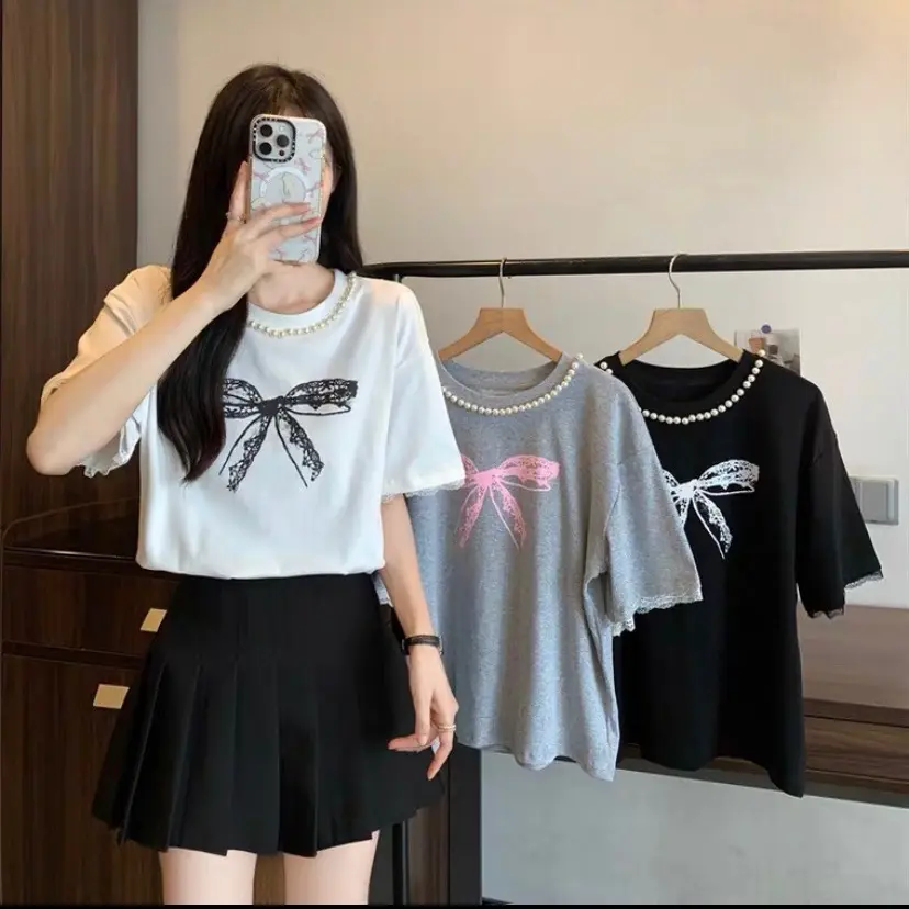 Áo phông nơ cổ đính ngọc trai