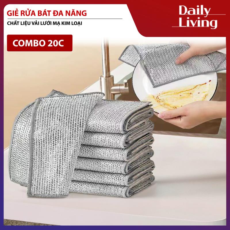 COMBO 20C Giẻ Lau Bếp Đa Năng PVA Rẻ Rửa Bát Mạ Kim Loại 2 Mặt Tiện Lợi Khăn Lưới Dùng Lau Bát Đĩa, Cọ Rửa Xoong Nồi Chống Bám Dầu Tiện Dụng