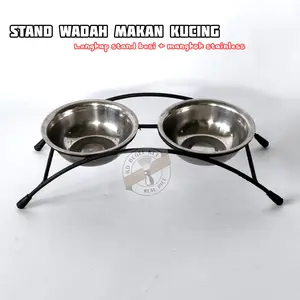 Stand Wadah Makan Kucing Lengkap Plus Mangkok Besi Stainless Steel untuk Hewan Peliharaan Kucing dan Anjing Desain Khusus dengan Mangkok 1 atau 2 Buah