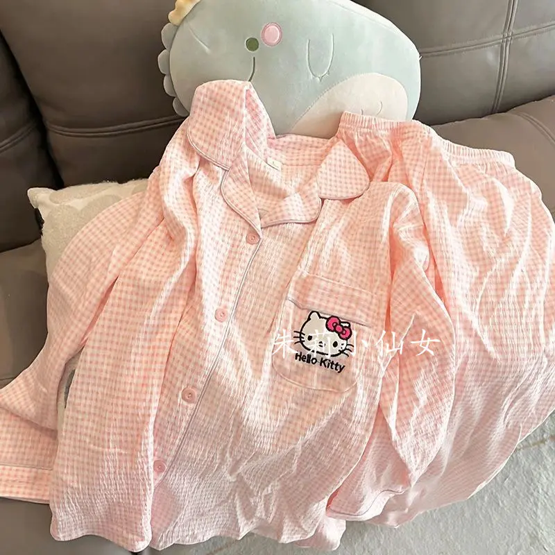 Bộ Đồ Ngủ Hello Kitty, Kẻ Sọc, Dành Cho Nữ, Phong Cách Ins Mùa Xuân Và Mùa Thu, Phong Cách Nhật Bản, Quần Dài Tay Đơn Giản, Bộ Đồ Mặc Nhà Mùa Thu, Có Thể Mặc Ngoài Trời 2