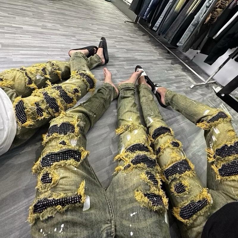 Quần Jean Xanh Đính Đá Chấm Sơn Menswear Nam Pants Có Túi