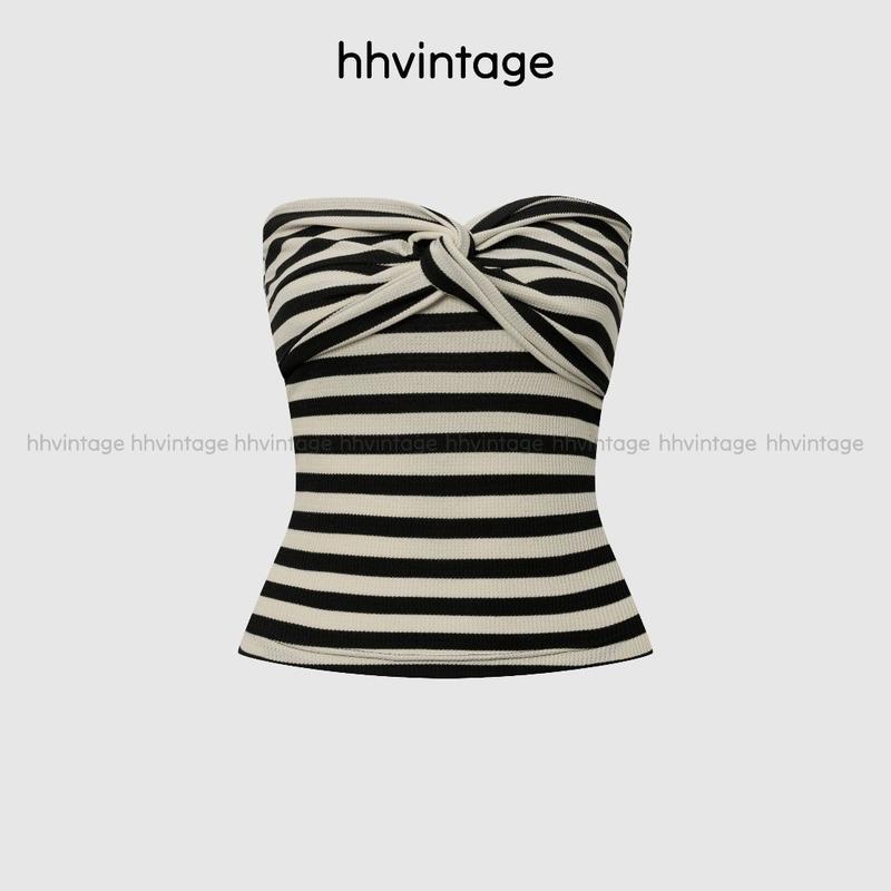 Áo ống xoắn ngực dáng dài nữ HHVINTAGE kiểu basic thun sọc co giãn Top A5 Blue Casual Nữ Sọc Kẻ