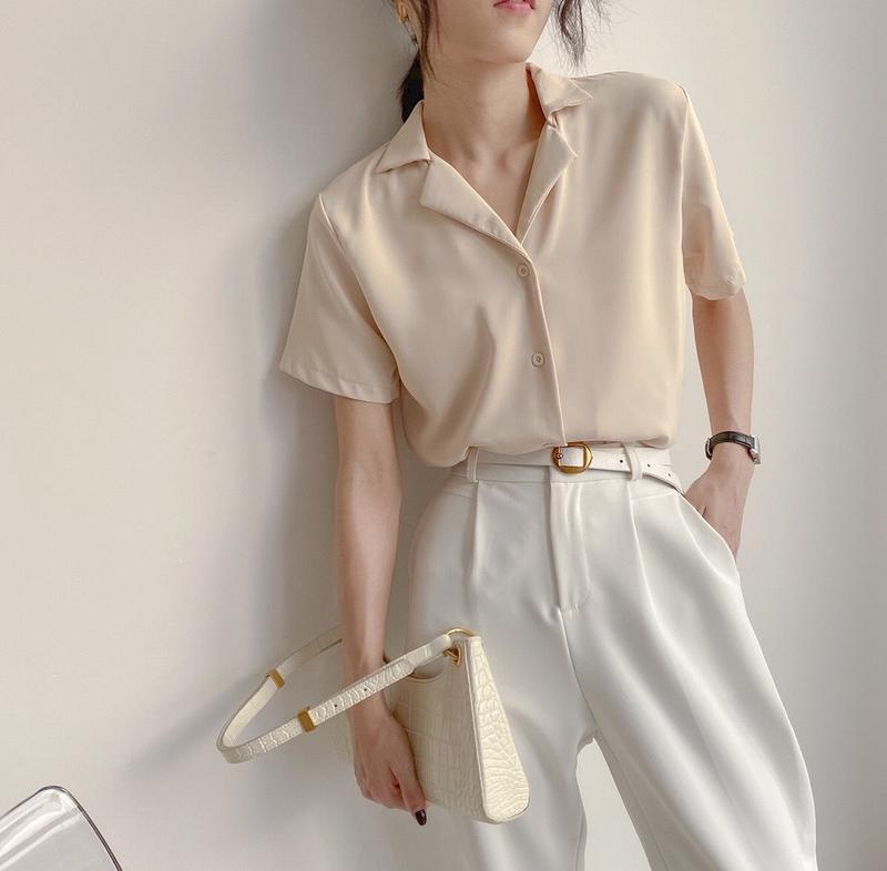 Product Introduction of Temperament Lapel Shirt Loose All-Match Short-Sleeved Shirt Summer Korean Short-Sleeved Plain Loose Shirt Top Women's Shirt Women's Shirt Basic Casual Fit 4