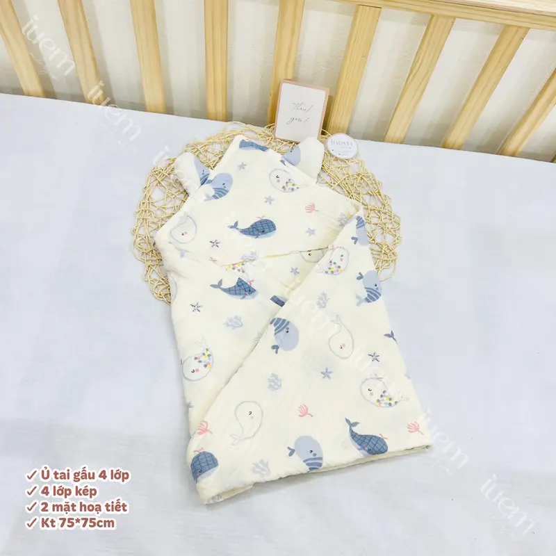 iuem Ủ choàng tai gấu kích thước 75*75cm, 4 lớp kép,  quấn ủ bảo vệ cho bé sơ sinh, ủ mềm mát, nhẹ thoáng, kết hợp làm khăn tắm cho bé 3