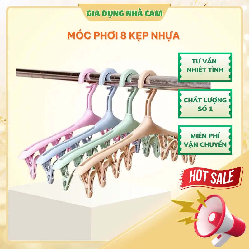 Móc phơi 8 kẹp nhựa giúp giữ quần áo tránh bị gió thổi