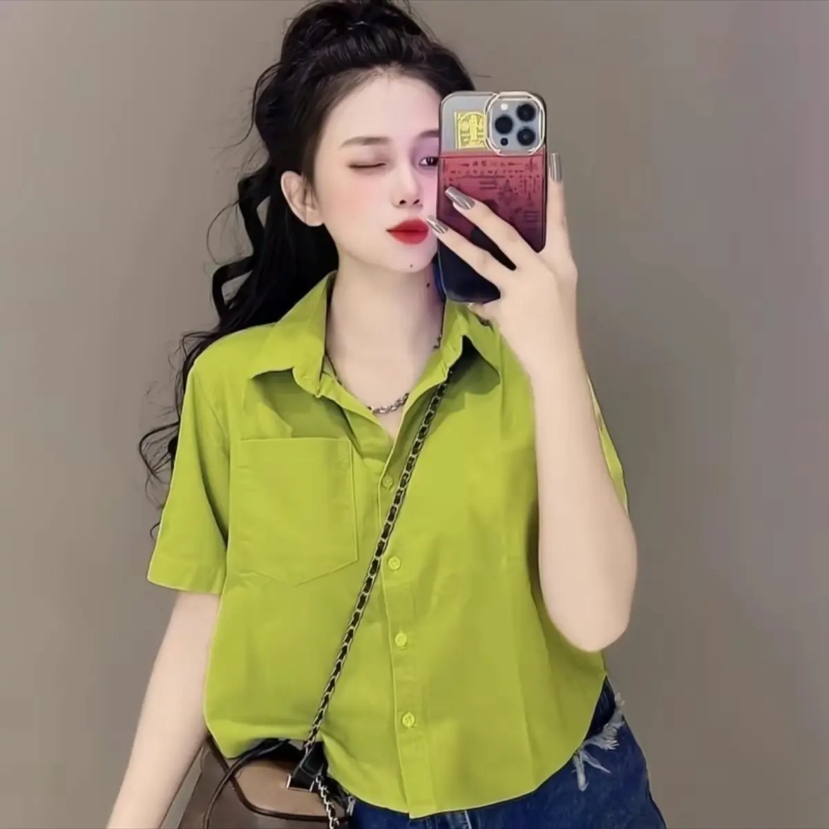 Áo sơ mi tay ngắn croptop nữ kiểu form rộng,áo croptop nữ kiểu