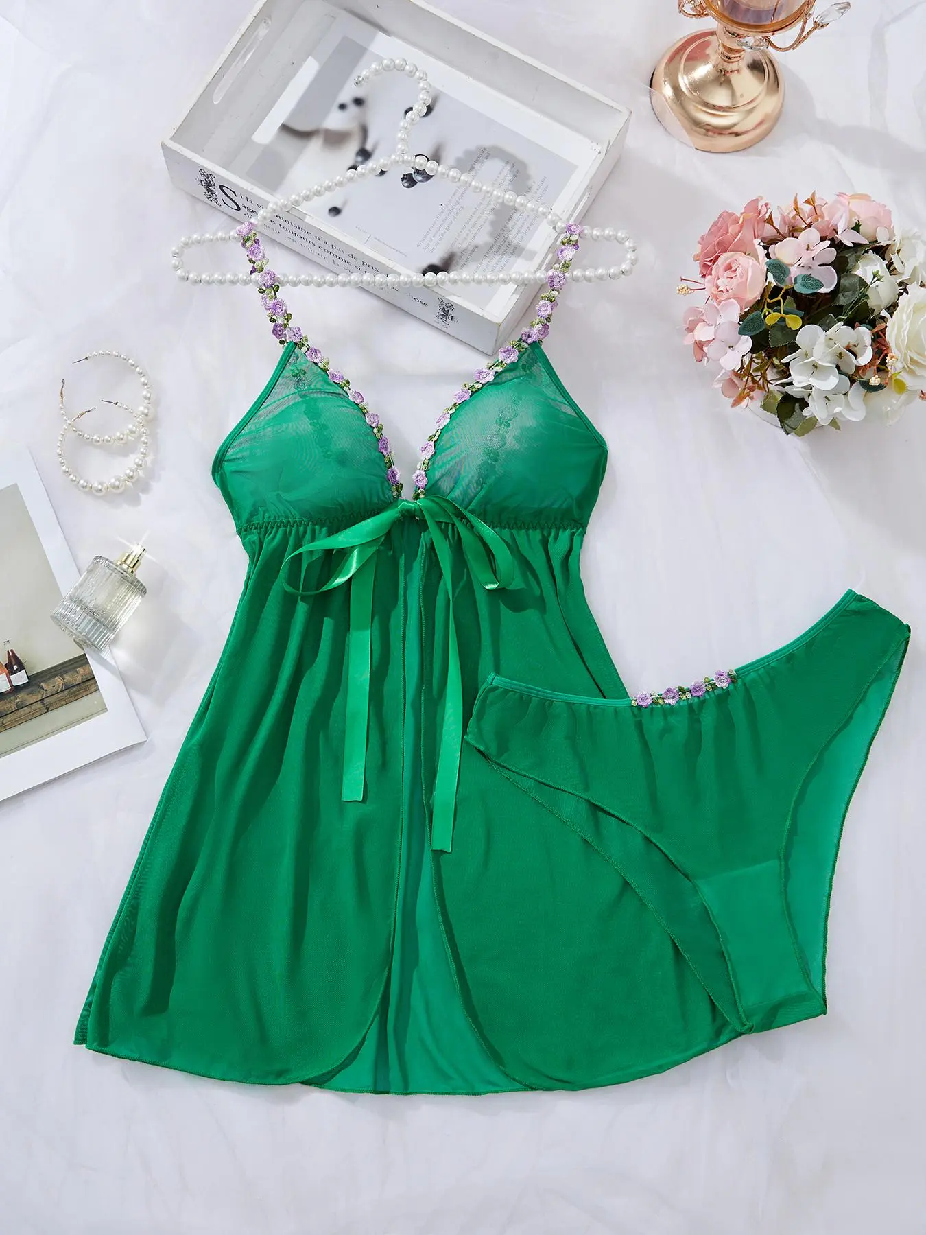 Women's Cami Nightdress & Panty Sexy Mesh Sleepwear Two-Piece Set, Comfy Breathable Nightgown & Panty Set, Ladies Sleepwear for All Seasons, Loungewear