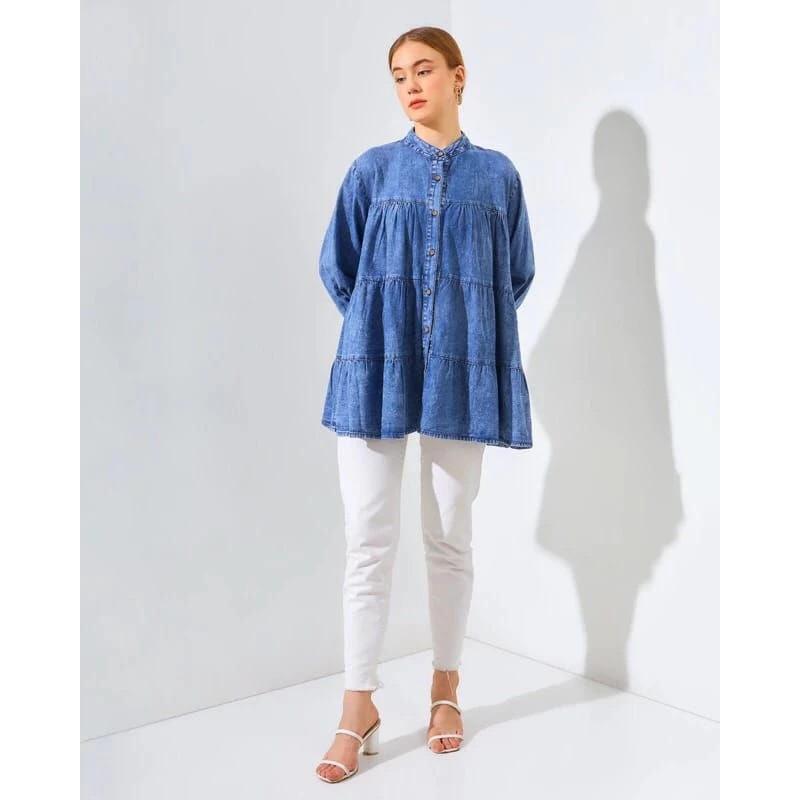 Product Introduction of Atasan Kemeja Jeans Babydoll Susun // Kemeja Wanita Babydoll Oversize Kekinian 2