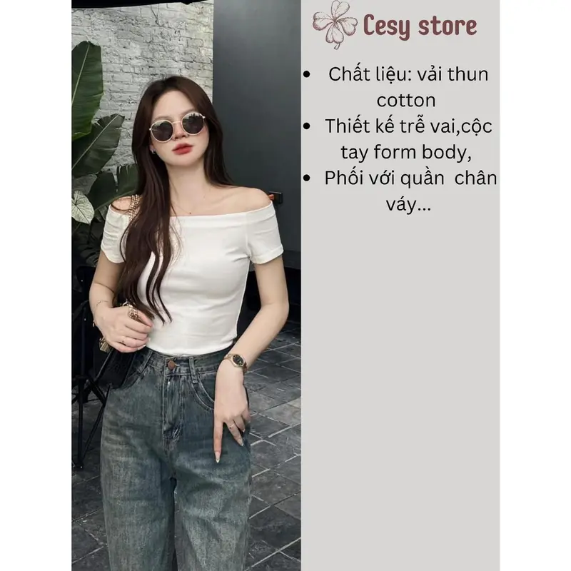 Áo thun nữ trễ vai Cesy, áo trễ vai cộc tay body chất liệu cotton 394 2