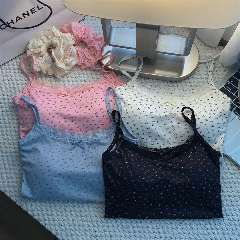 Áo Vest Hai Dây Ren Hoa, Thiết Kế Dễ Thương Và Gợi Cảm, Dành Cho Nữ, Có Thể Mặc Bên Trong Hoặc Mặc Ngoài, Có Đệm Ngực, Dáng Ôm, Thiết Kế Lưng Tôn Dáng, Áo Nữ, Năm 2025 2