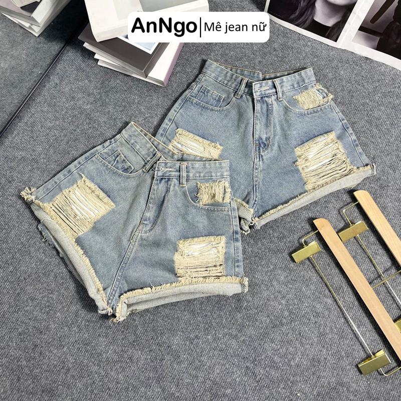   Có big size  Quần short jean nữ lưng cao rách nhiều tua rua cá tính chất jean denim bền đẹp Anngo - AT439 