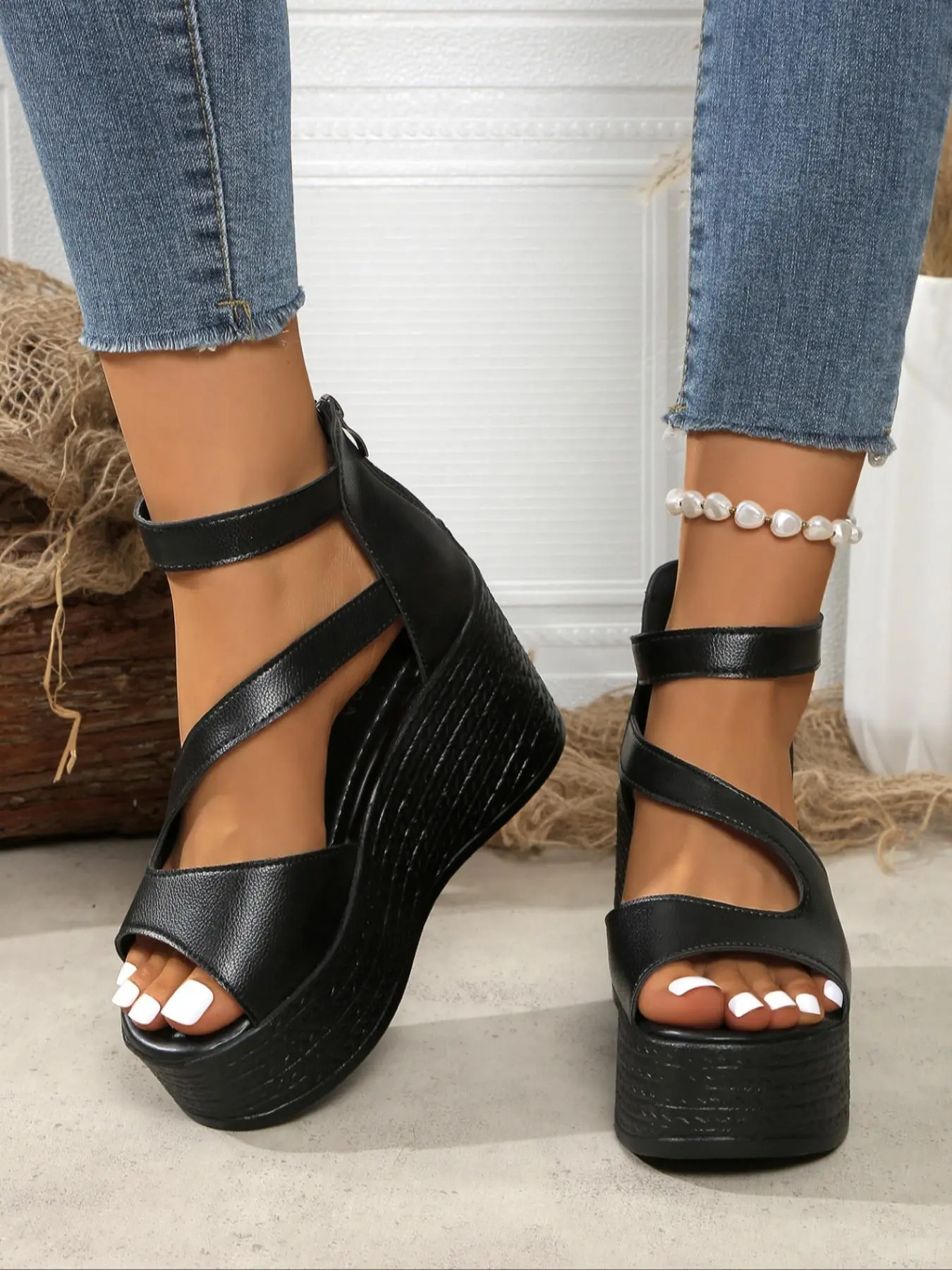 Women's Fashionable Solid Color Platform Sandals, Casual Comfortable Wedge Sandals for Summer, Lightweight Breathable Shoes for Daily Wear, Strap Heels