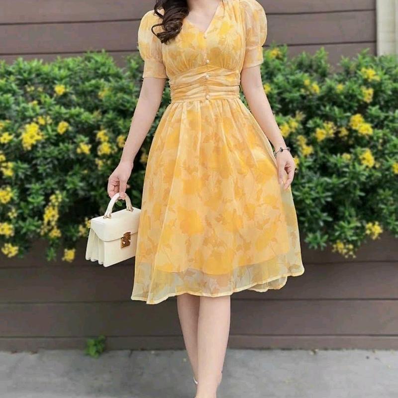 Đầm voan hoa tay phồng đính cườm eo đi chơi đi tiệc đều xinh 2