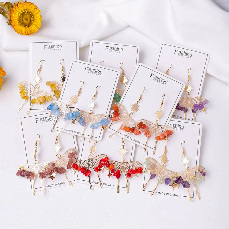 Bông Tai Hình Bướm, Đá Cuội Pha Lê Tự Nhiên, Phong Cách Bohemian, Thiết Kế Rỗng Phụ Kiện Trang Trí, Bán Buôn
