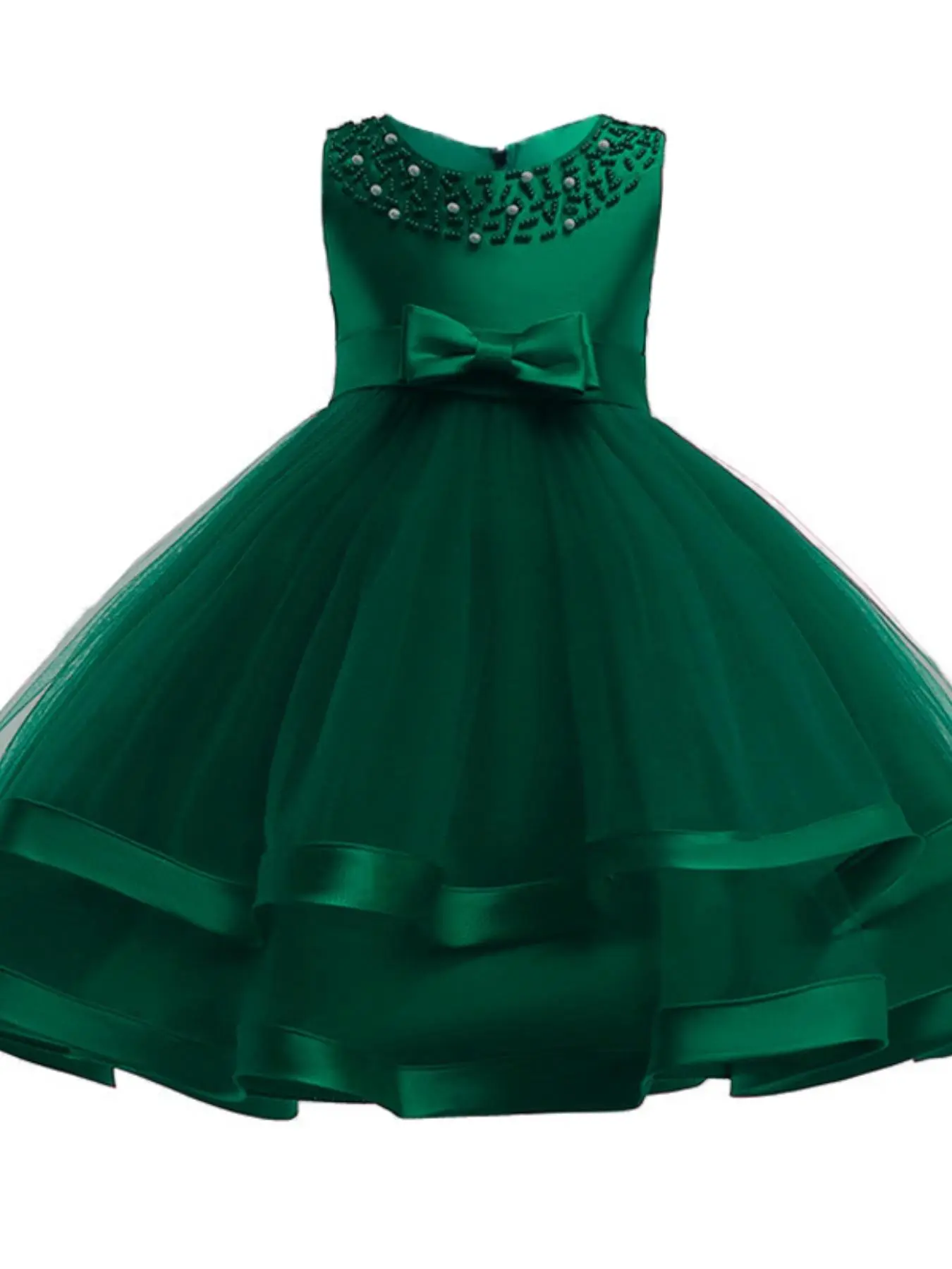 Girl's Faux Pearls Bow Decor Tulle Dress, Elegant Contrast Mesh Sleeveless Dress for Party Performance Wedding Guest, Kids Clothes for All Seasons