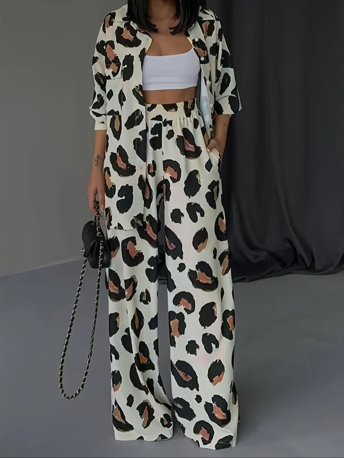 Women's Leopard Print Button Front Blouse & Wide Leg Pants Two-piece Set, Casual Top & Pants for Daily Wear, Ladies Summer Clothes