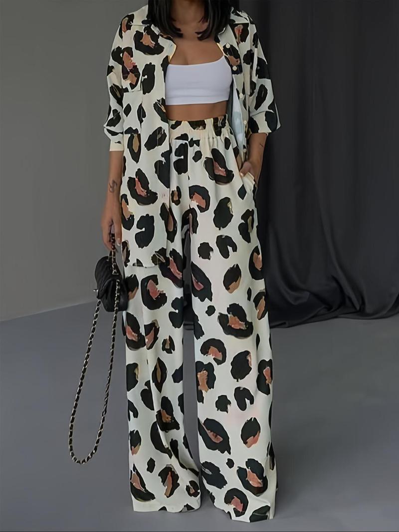 Product Introduction of Women's Leopard Print Button Front Blouse & Wide Leg Pants Two-piece Set, Casual Top & Pants for Daily Wear, Ladies Summer Clothes 1