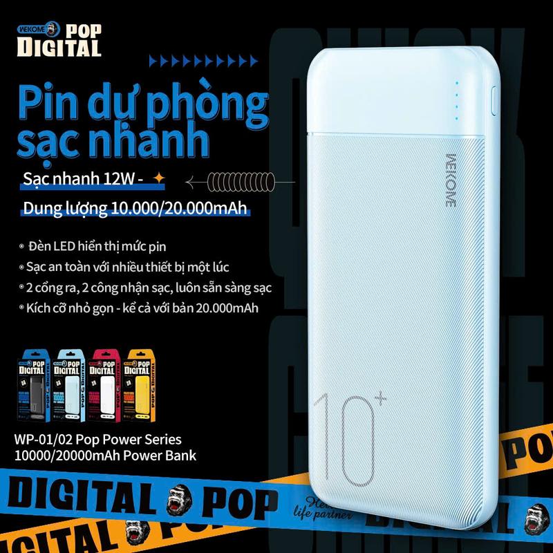 [Tặng dây 3 đầu] Pin dự phòng 20.000mAh WP01.02 Wekome - Sạc nhanh - Nhỏ gọn - Màu sắc trẻ trung