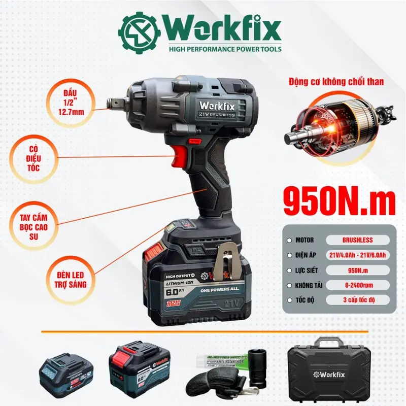 Máy Siết Bulong P WORKFIX WF-IW950N Không Chổi Than, Lực Siết 950Nm Mở Vặn Ốc Xe Tải, Ô Tô 1