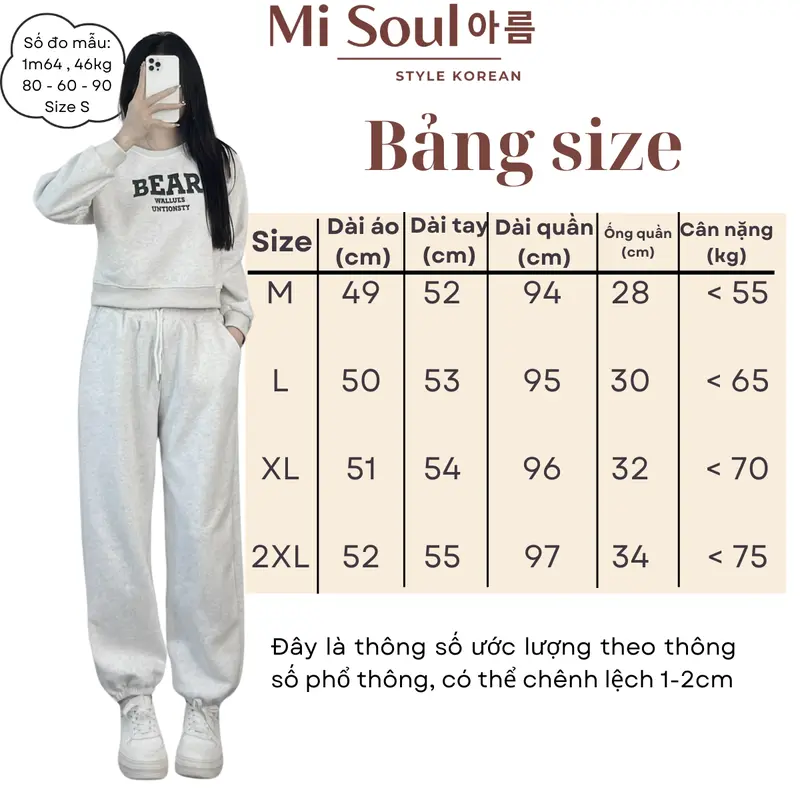 Set Nỉ BEAR In Chữ Ngực Kèm Quần Chun Dây Rút Bo Gấu BigSize MiSoul, Bộ Áo Gấu Form Thụng 357 Nữ Kem 2