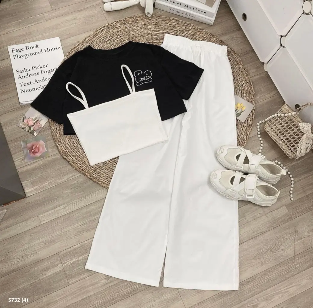 Set bộ 3 món áo croptop áo 2 dây kết hợp quần dài chất liệu kaki