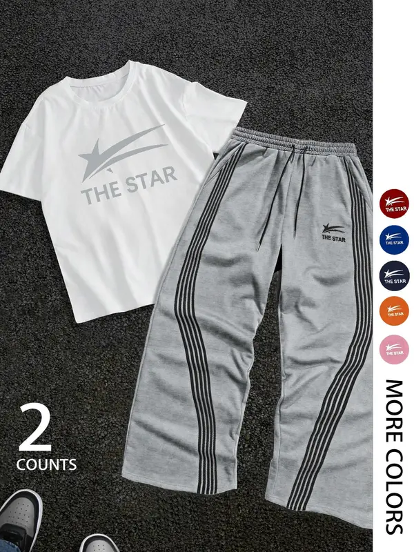 Two-Piece Set Men's Letter Print Short Sleeve Tee & Tracksuit Legging Set, Regular Fit Round Neck T-shirt & Striped Print Pants, Casual Fashion Breathable Men Two-piece for Gym Workout Running 3