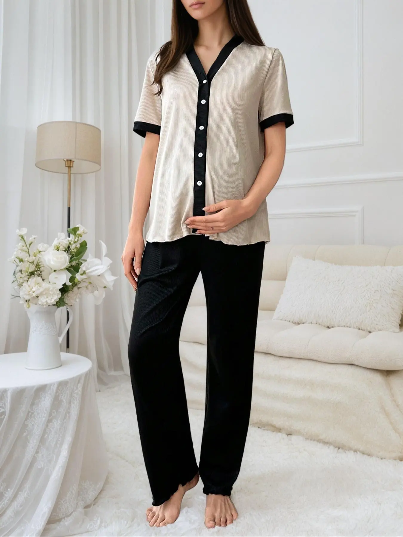 Women's Top Stitching Thumb Hole Short Sleeve Tee & Pants Pyjama, Casual Comfy Round Neck T-shirt & Trousers PJ Set, Women's Sleepwear for Summer, Loungewear