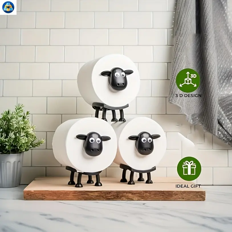 C&S    Freestanding Plastic Toilet Paper Holder with Adorable Sheep Design - Features a Cute Black Face and Green Eyes, White Base for a Stylish and Functional Bathroom Accessory