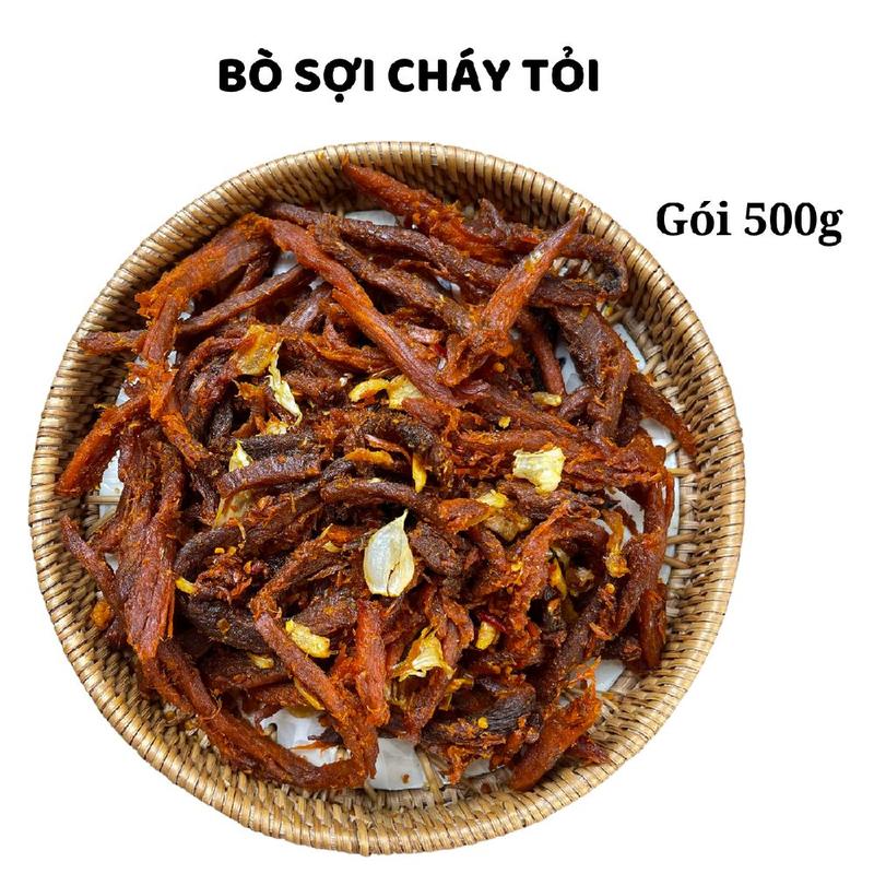 Khô bò sợi cháy tỏi gói 500g, rất thơm ngon, Snack ăn vặt hấp dẫn nhà Mộc food