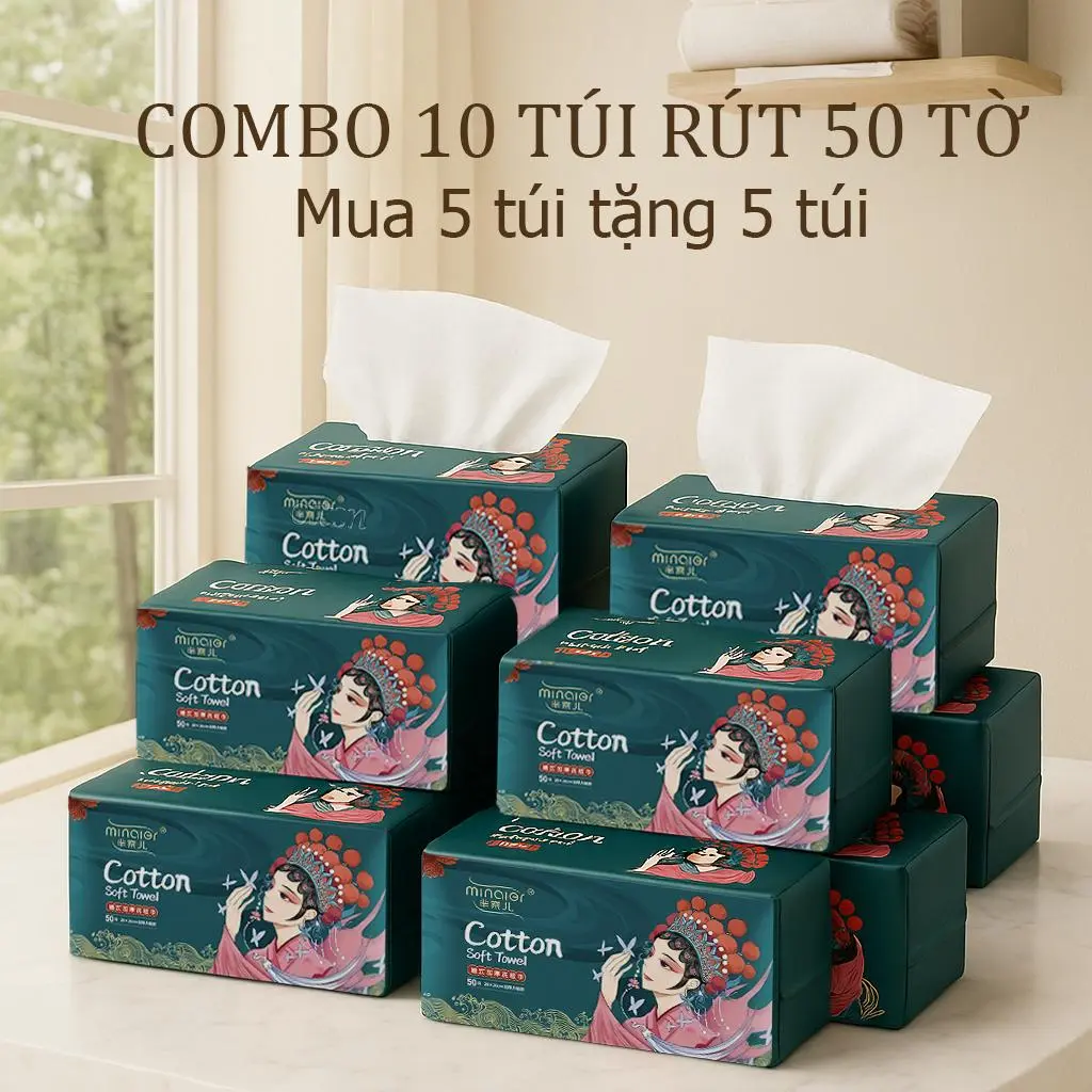 [Mua 5 Nhỏ Tặng 5 Nhỏ] Khăn Lau Mặt, Tẩy Trang, Lau Đa Năng Cotton MINAIER 10 Túi Xanh Lá Nhỏ 20x20cm 155gr