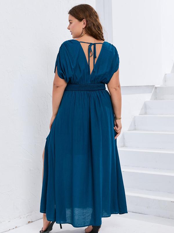 【Plus Size】 Plain Ruched Shirred Split Thigh Tie Back A Line Dress, Casual Deep V Neck Batwing Sleeve High Waist Dress for Party Holiday Wedding Guest, Women's  Clothing for Summer 1