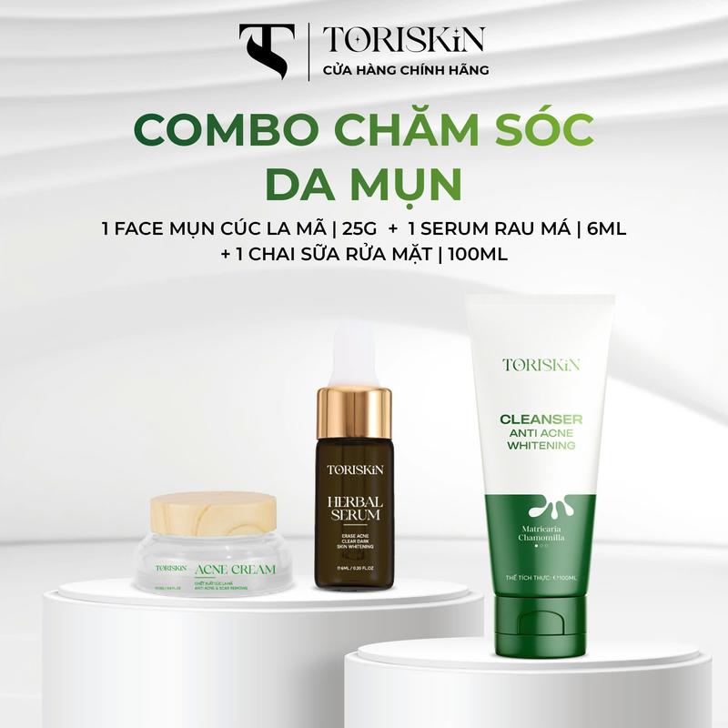 Combo [1 Kem + 1 Serum + 1 Sữa Rửa Mặt] - Hỗ Trợ Chăm Sóc Da Mụn - ACNE CREAM Cúc La Mã 25gram & HERBAL SERUM Tinh Chất Rau Má 6ml & Sữa Rửa Mặt 100m] - Hỗ Trợ Giảm Mụn Thâm