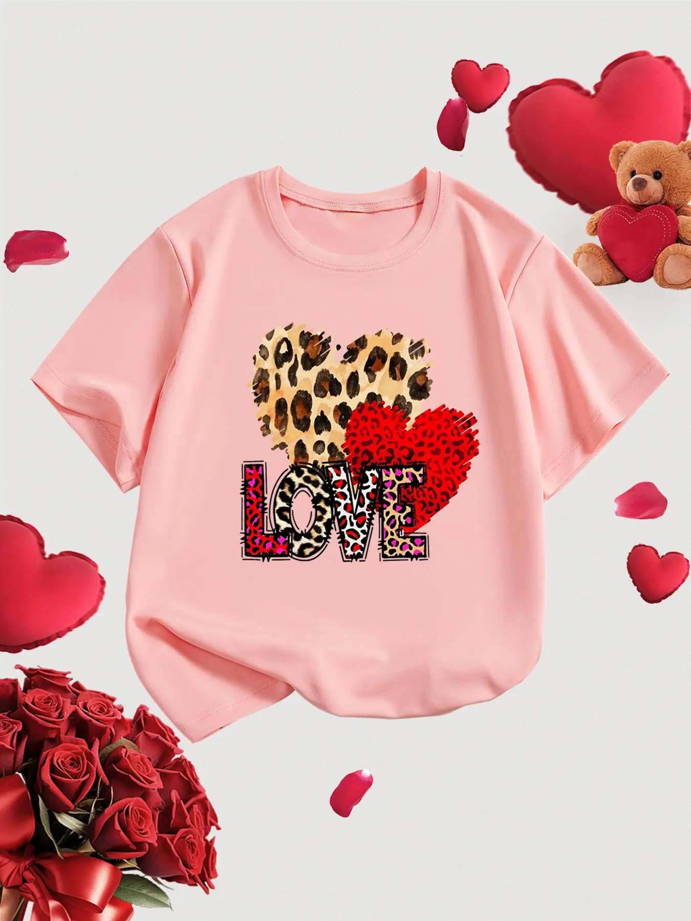 Girl's Leopard  Heart & Letter  Print Round Neck Tee, Casual Short Sleeve T-shirt for Summer, Kids Clothes for Daily Wear
