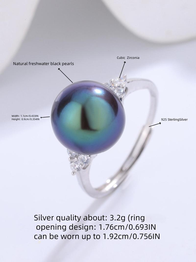 Product Introduction of 925 Sterling Silver Natural Freshwater Black Pearl Decor Adjustable Ring, Elegant Ring for Women, Trendy All-match & Exquisite Jewelry for Birthday Gift 1