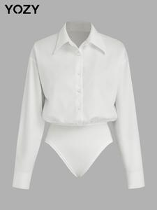 YOZY Solid Button Front Drop Shoulder Shirt Bodysuit, Casual Long Sleeve Collared Bodysuit, 2024 Women's Spring & Autumn Outfits for Daily Outdoor Wear