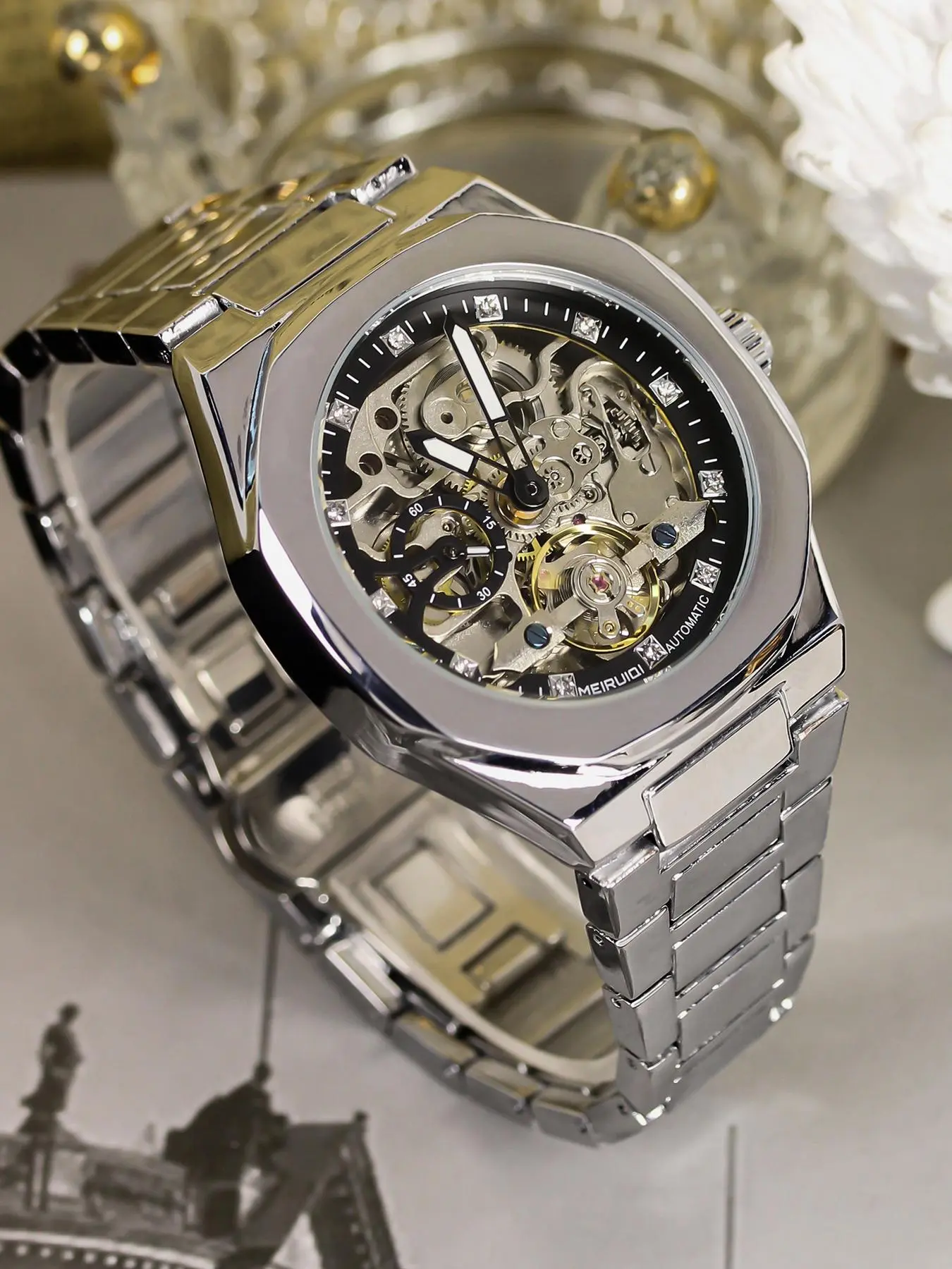 Men's Fashion Mechanical Watch, Fashion Watch with Luminous Dial & Stainless Steel Strap, Trendy Watch for Daily Life, with Box