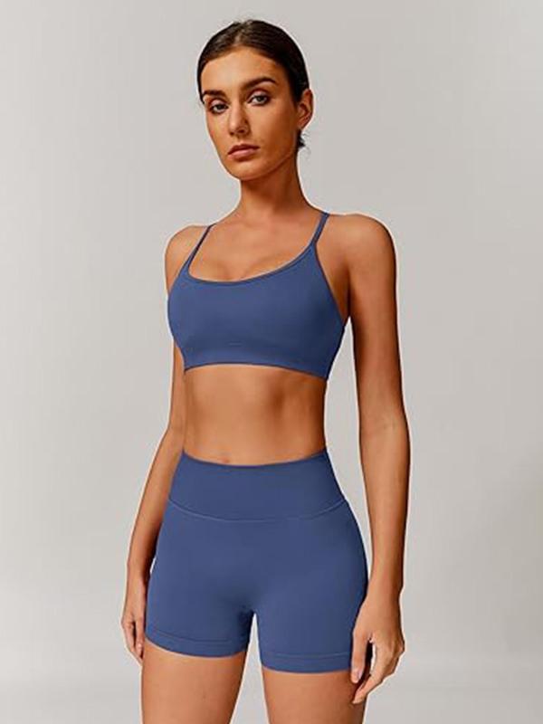 Women's Criss Cross Backless Crop Sports Bra & High Waist Shorts Sports Set, Breathable Comfortable Sports Set for Yoga Gym Workout Running, Ladies Sportswear for All Seasons 1