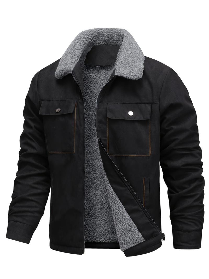 Product Introduction of Men's Regular Fit Solid Pocket Zipper Thermal Lined Jacket, Casual Long Sleeve Collared Outerwear for Fall & Winter, Men's Clothes for Daily Wear 4