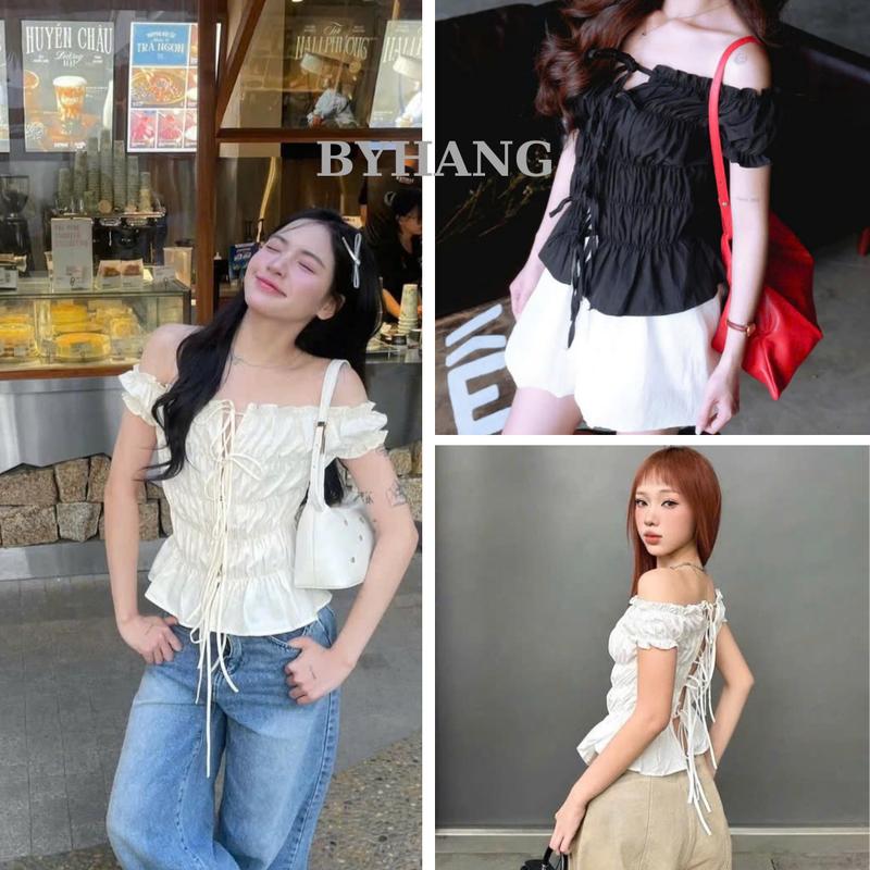 Áo Trễ Vai Croptop Đan Dây Bo Chun Tiểu Thư Mặc 2 Kiểu S113