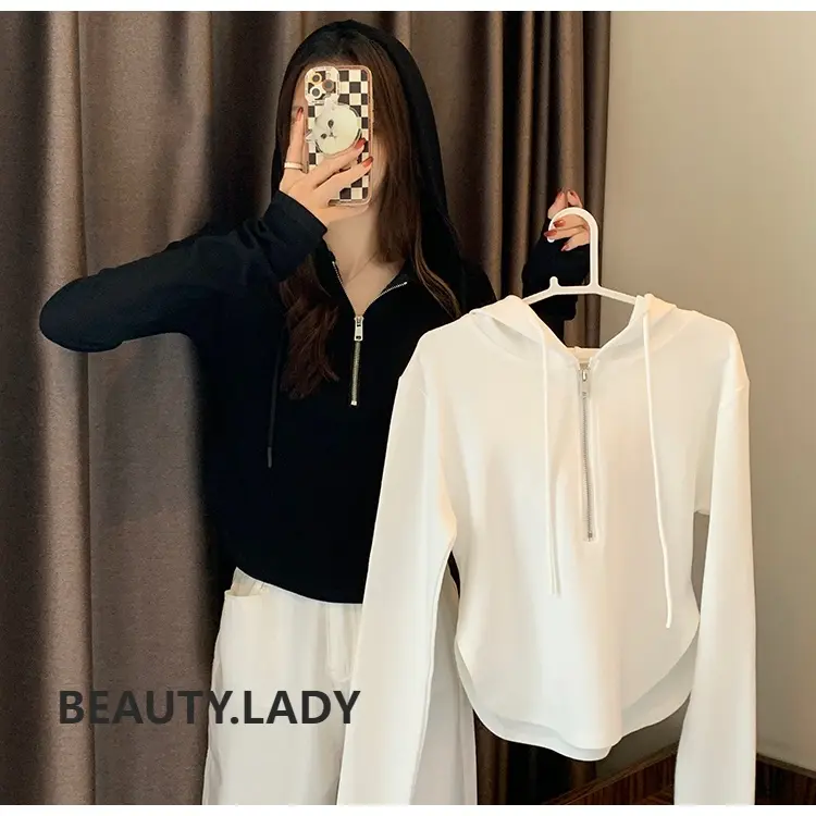 YF001 hoodie wanita |  Zip Front Hoodie |   lengan panjang |  pakaian wanita  |   Fit |   Basic |  Putih |  Hitam | Sweater |  Fleece |  Crewneck Nyaman Simple Baju Oversize Atasan Lembut Sweatshirt 0