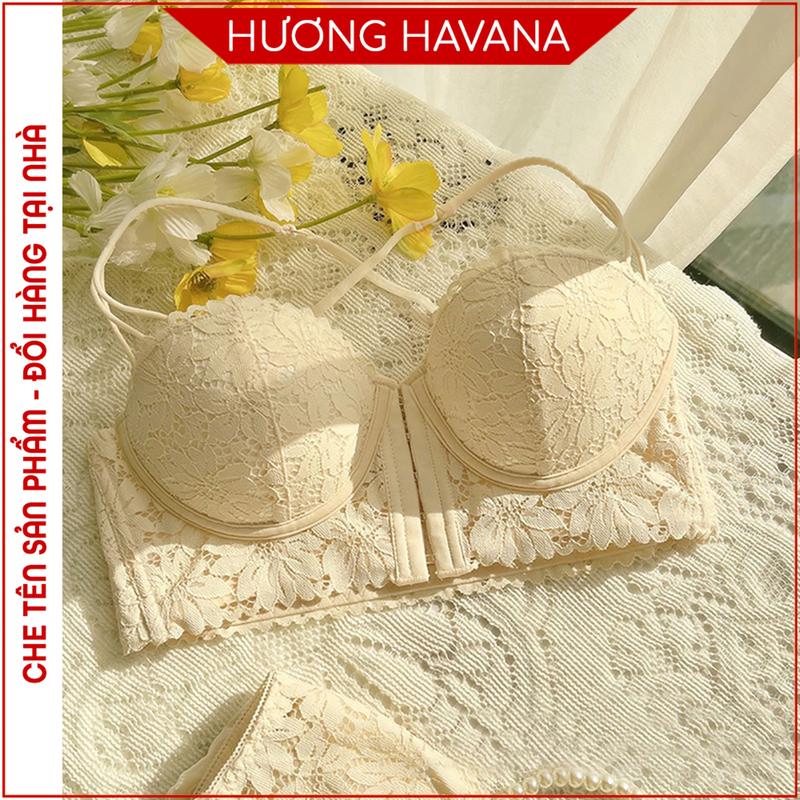 Áo lót nữ cup ngang đệm mỏng cài trước dây mảnh Áo Ngực ren hoa vintage kiểu croset cao cấp FLA96 Top Bra có màu Đen da cực đẹp