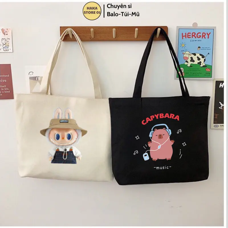 Túi tote Labubu Capy Bara túi vải canvas phong cách Hàn quốc có khóa miệng ngăn phụ bên trong thời trang ulzzang Bag Nữ Chữ Nhật Hình Chữ Nhật Đeo Vai Da 0