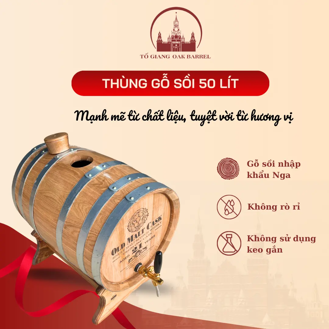 THÙNG GỖ SỒI 50 LÍT NGÂM Ủ VÒI CROM CAO CẤP - BÌNH GỖ SỒI NGÂM Ủ 50 LÍT - ĐỒ GỖ TỐ GIANG