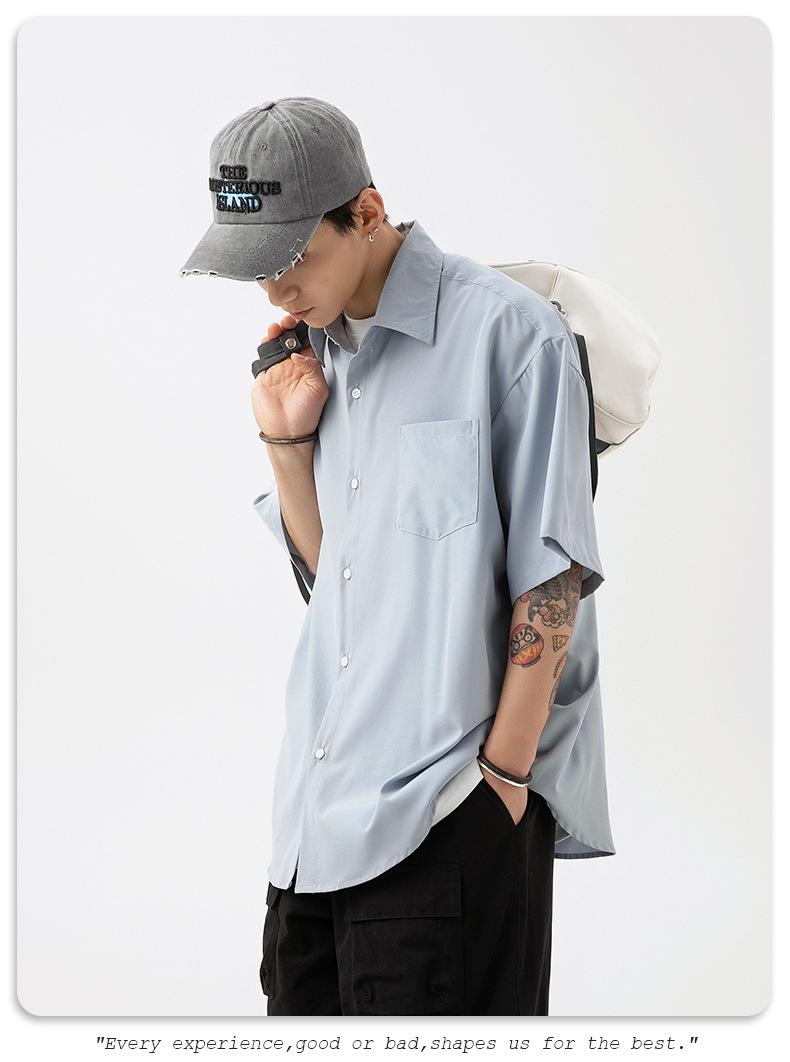 Product Introduction of Korean Men's Smooth Draping Short-Sleeved Shirt Men's Summer New Pure Color Couple Casual Loose Shirt Jacket Menswear Top Lingerie Human Oversize Plain Beige Baggy Vintage Tights Collar Collared Tropical 16