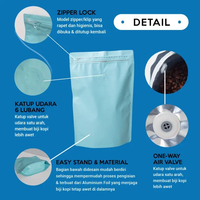 Kemasan Standing Pouch Coffee Bean Bag 100 gr Standing Pouch Zip Valve