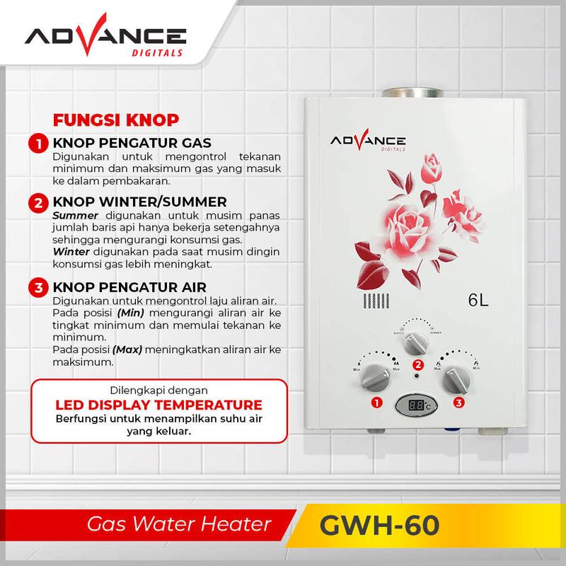 【COD】Advance GWH-60 Gas Water Heater Pemanas Air 6 Liter Free Shower Original Bergaransi 1 Tahun 1