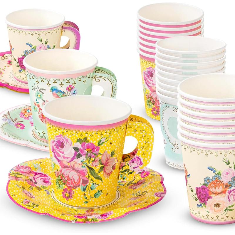Pack of 24 Vintage Floral Cup & Saucer Afternoon Tea Set, Truly Scrumptious Disposable Tableware for Birthday or Garden Party, Baby Shower, Wedding, TRULYCUPSET24 Drinkware Plastic 0
