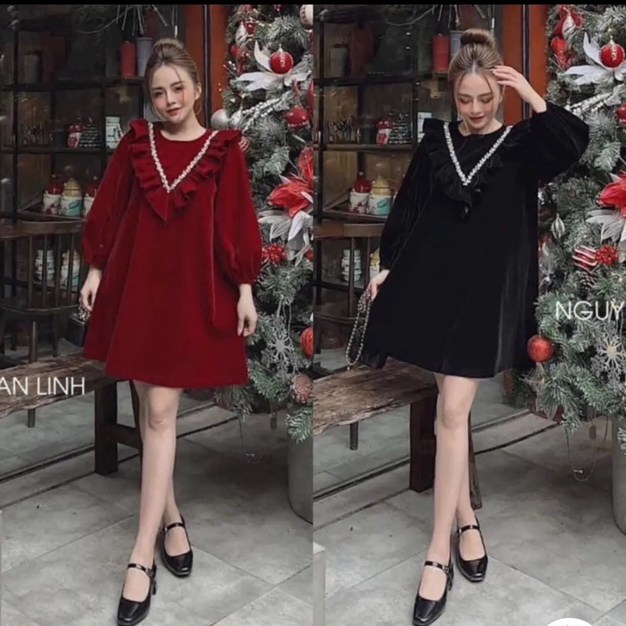 Váy bầu Thu Đông nhung lì sang chảnh mặc noel và dịp tết hai màu Đỏ mận và đen huyền bí Nữ Women body đầm khóa kéo Dress sét váy, váy đen  đính đá